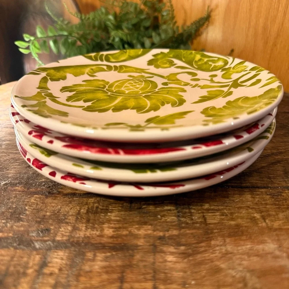 Pier 1 Imports Floral Earthenware Salad Plates Set of 4 Red Green White 7